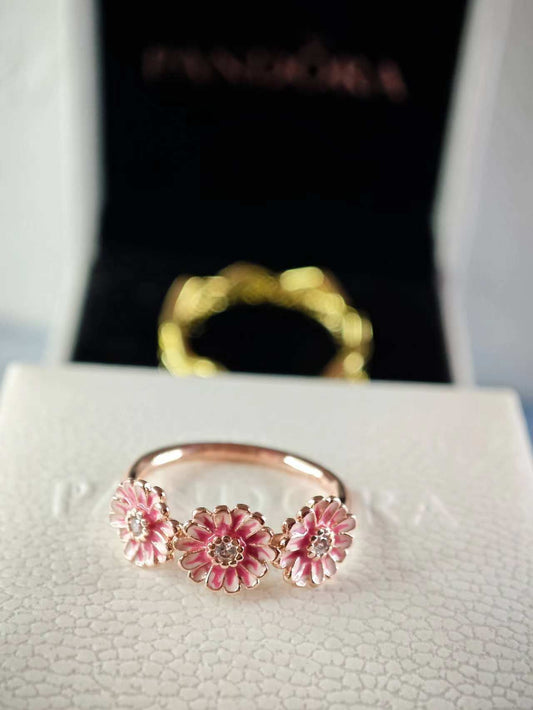 Pink Daisy Flower Trio Ring
