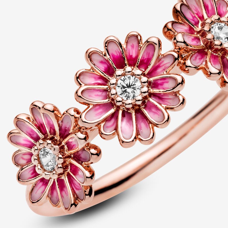 Pink Daisy Flower Trio Ring