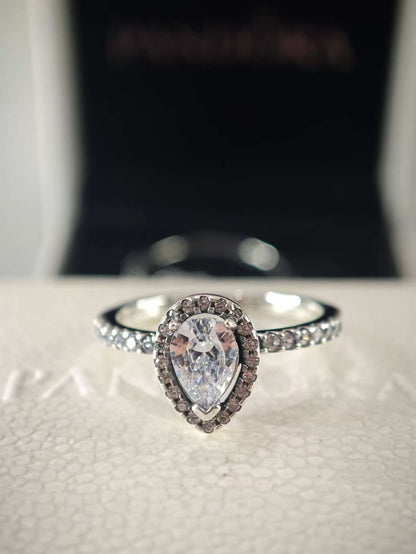 Sparkling Pear Halo Ring Sterling Silver