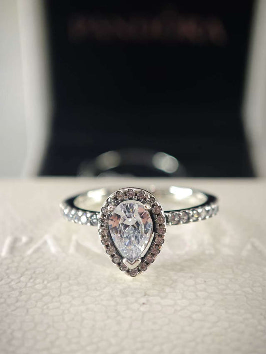 Sparkling Pear Halo Ring Sterling Silver