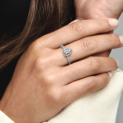 Sparkling Pear Halo Ring Sterling Silver