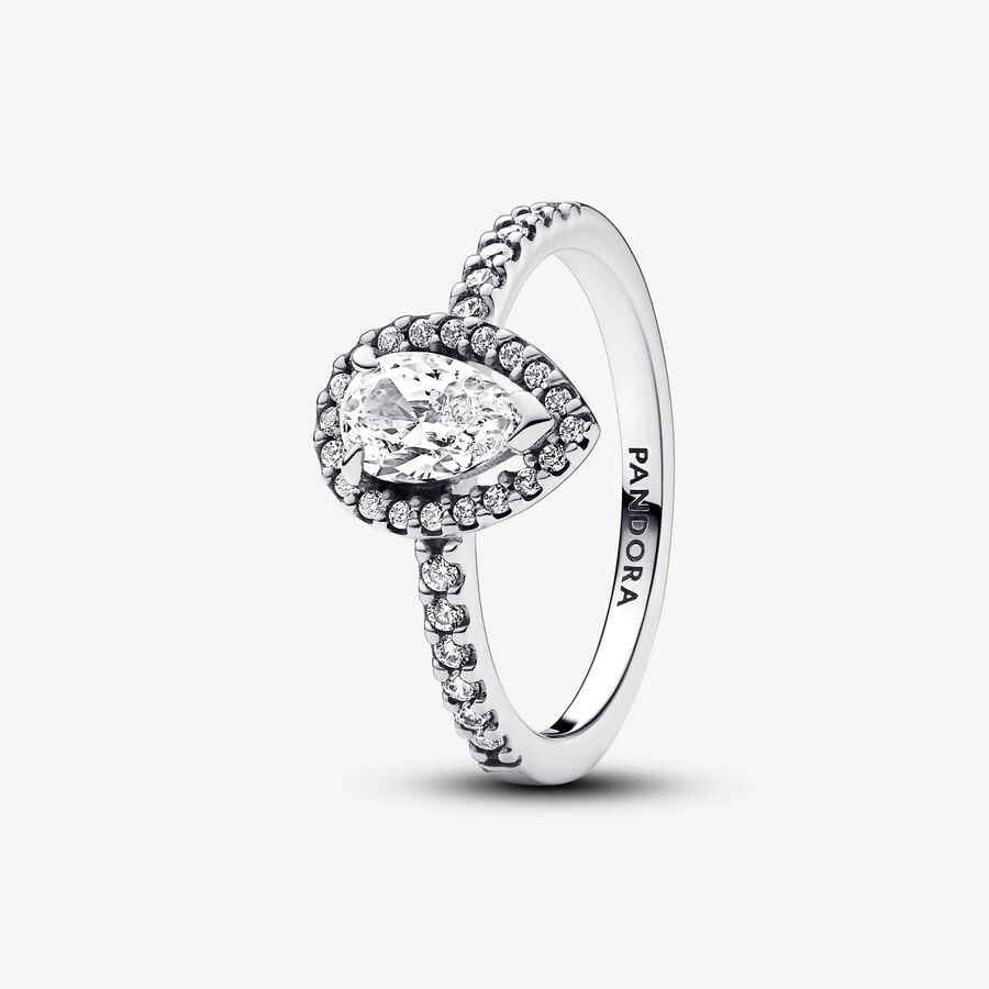 Sparkling Pear Halo Ring Sterling Silver