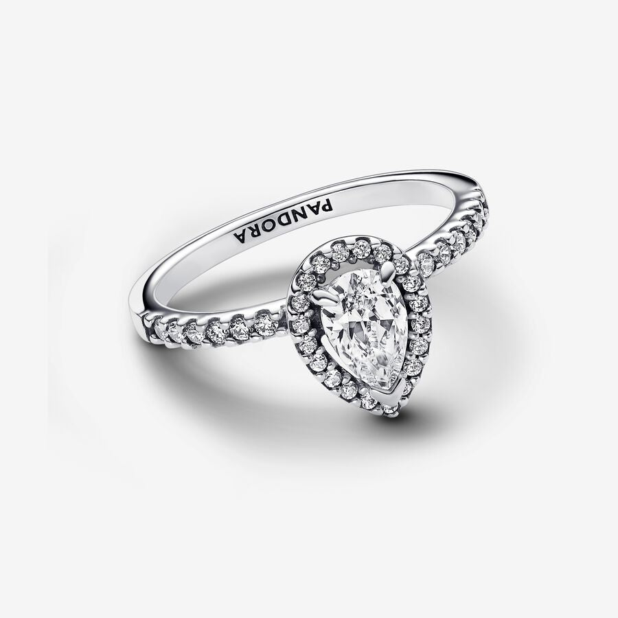 Sparkling Pear Halo Ring Sterling Silver