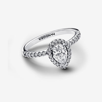 Sparkling Pear Halo Ring Sterling Silver