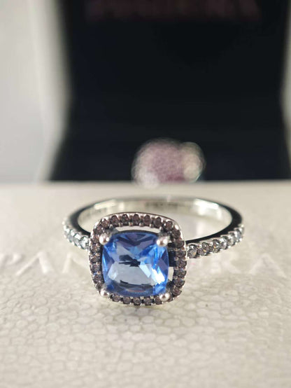 Sparkling Square Blue Halo Statement Ring