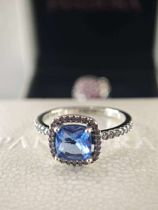 Sparkling Square Blue Halo Statement Ring