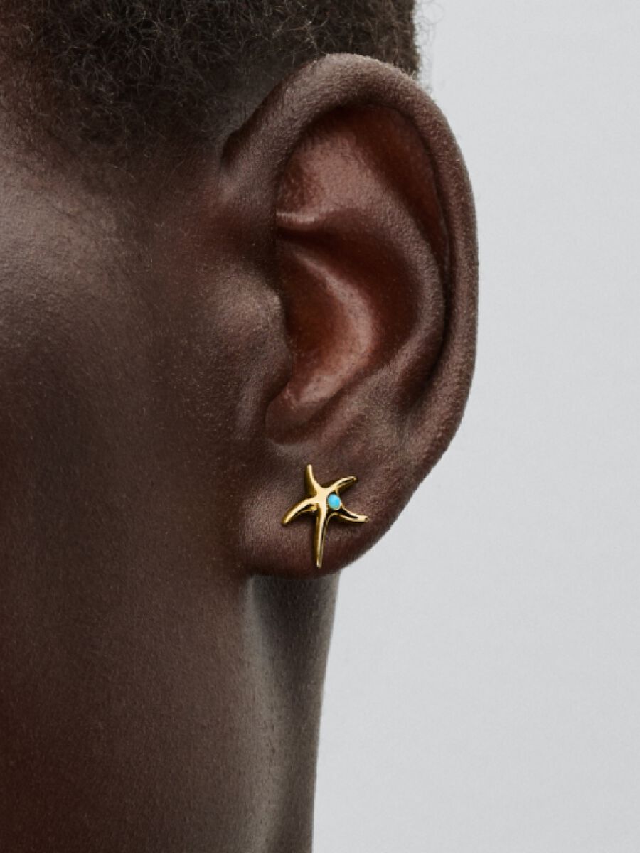 Starfish gold-plated stud earrings with capri blue crystal