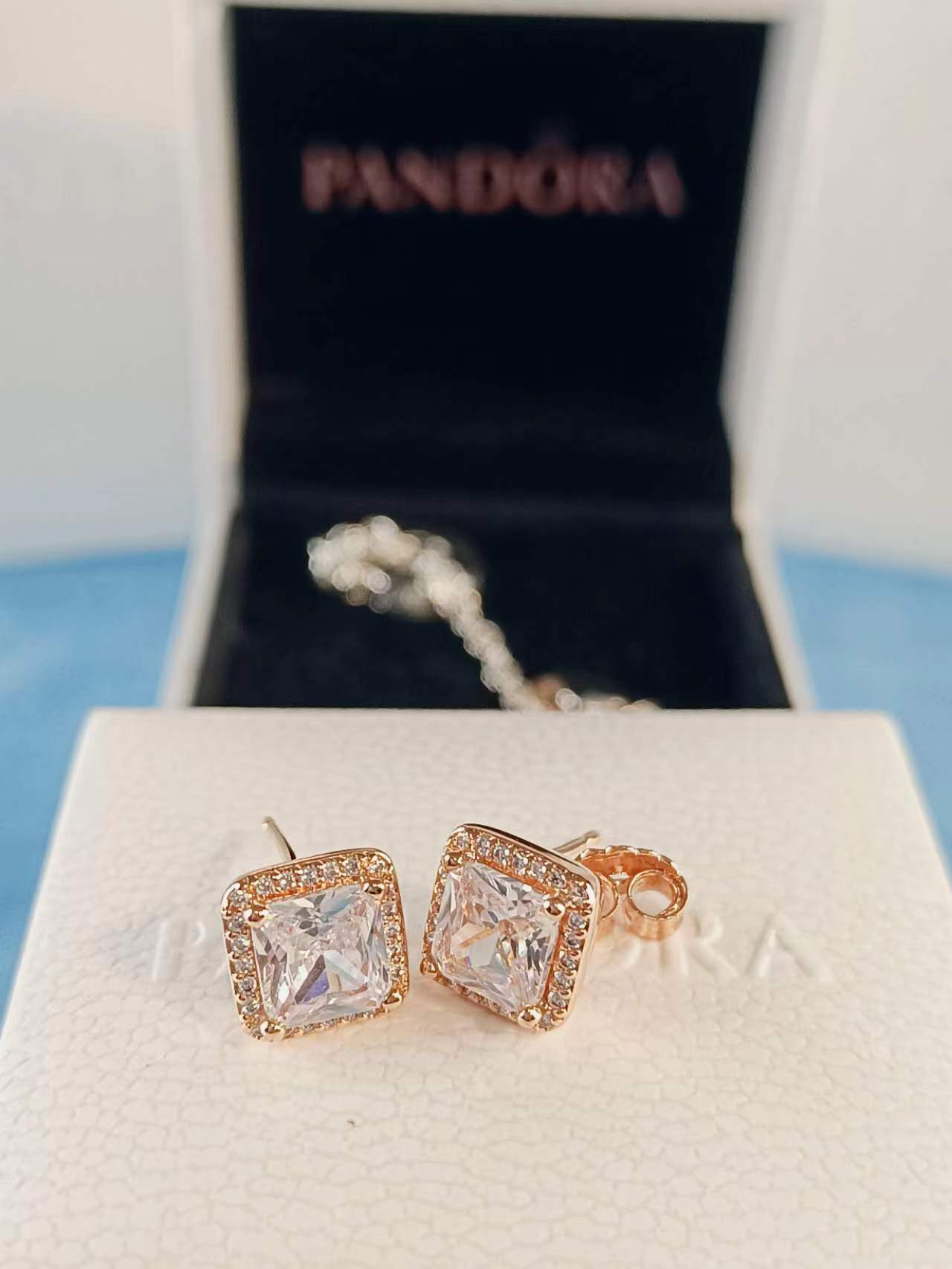 Square Sparkle Halo Stud Earrings Rose Gold Plated