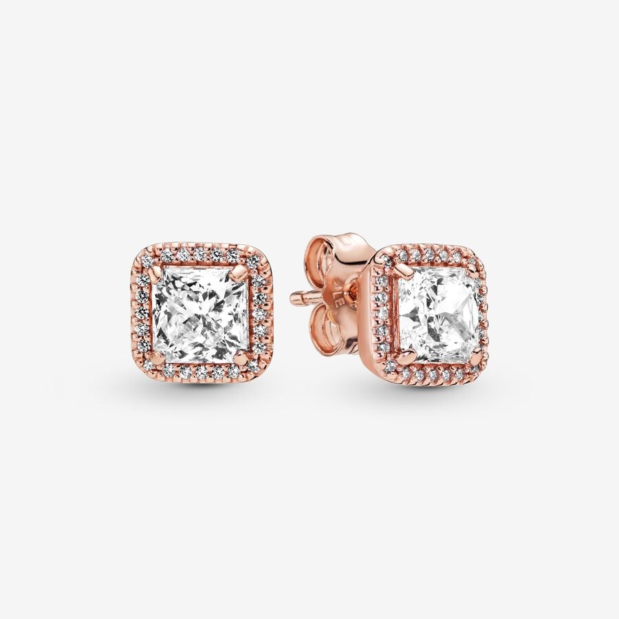 Square Sparkle Halo Stud Earrings Rose Gold Plated