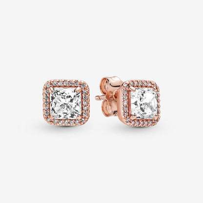Square Sparkle Halo Stud Earrings Rose Gold Plated