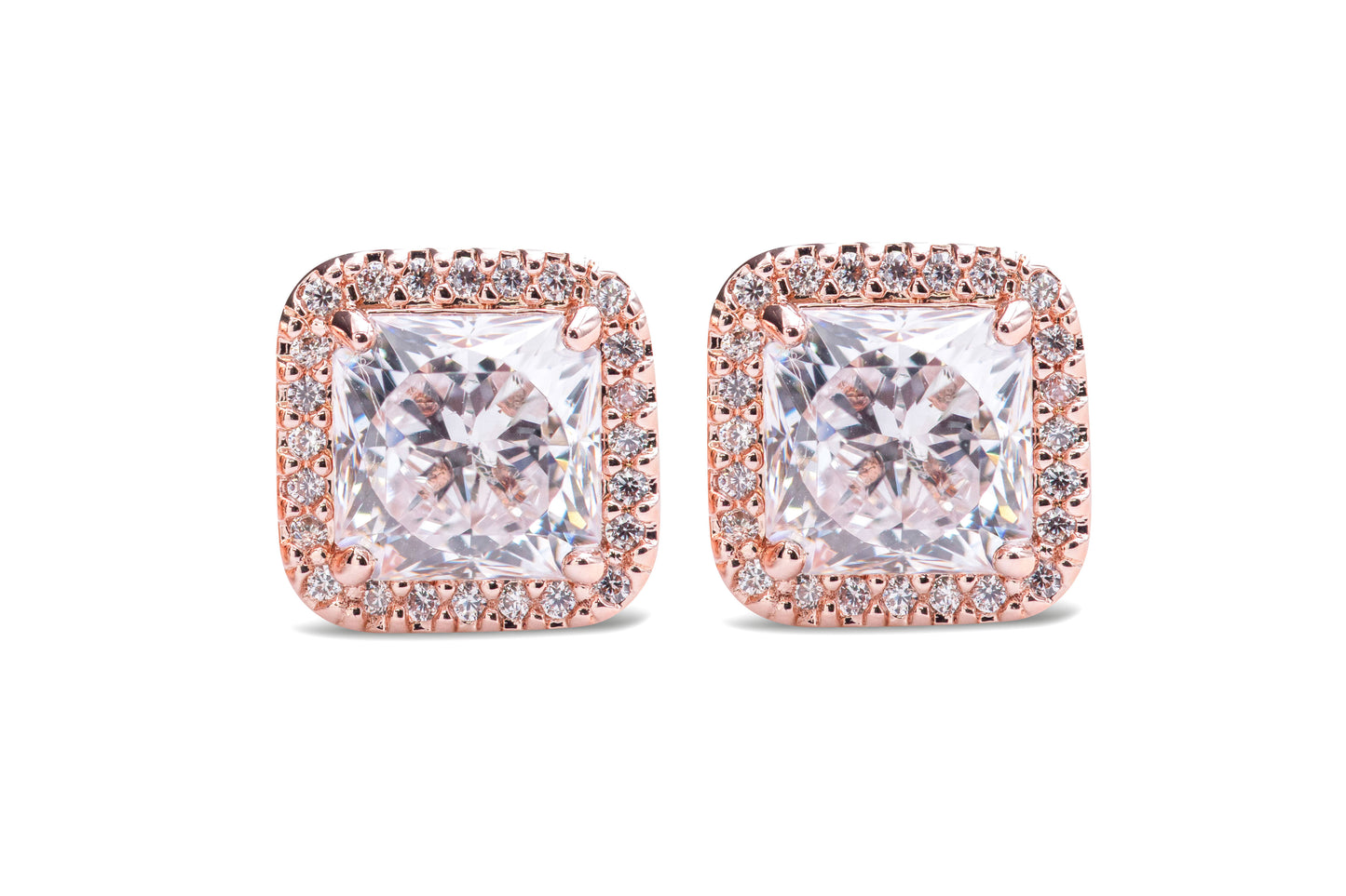 Square Sparkle Halo Stud Earrings Rose Gold Plated