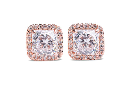 Square Sparkle Halo Stud Earrings Rose Gold Plated