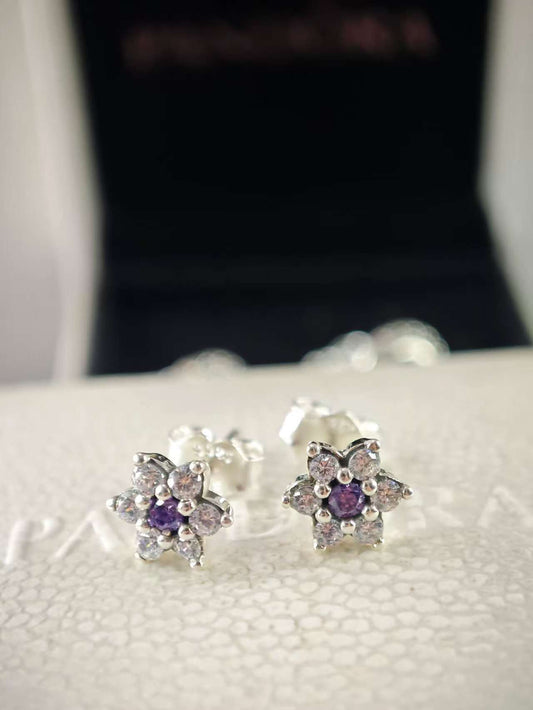 Forget Me Not Flower Stud Earrings with Purple Zirconia