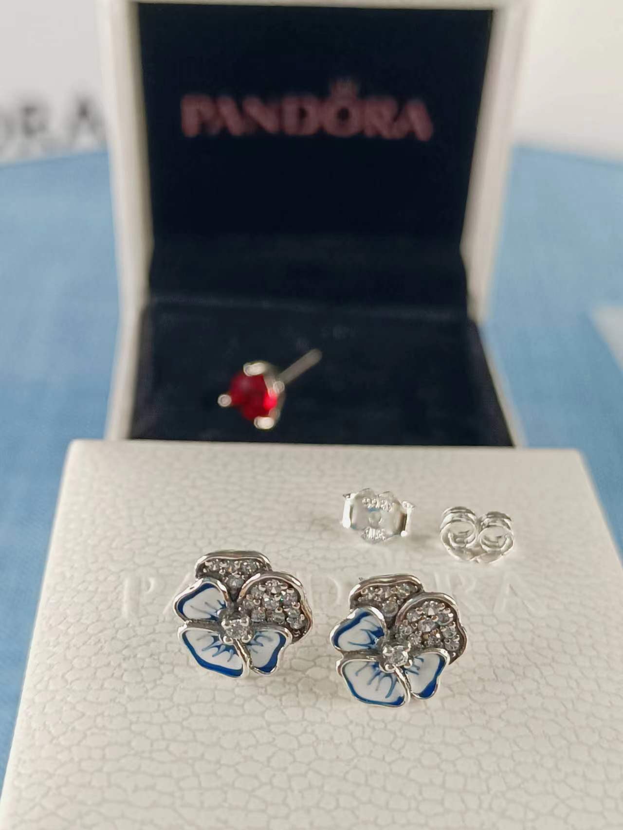 Blue Pansy Flower Stud Earrings