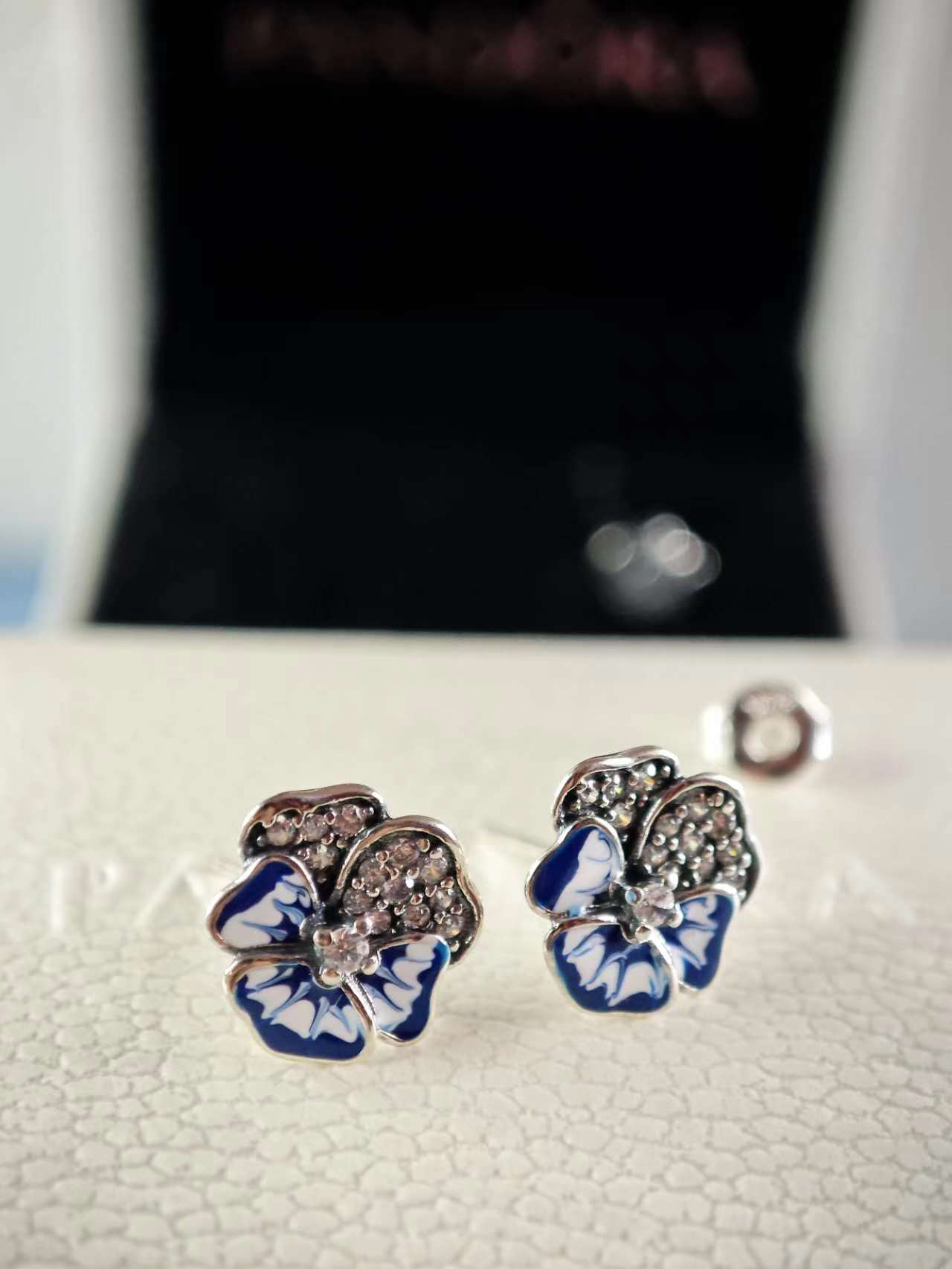 Blue Pansy Flower Stud Earrings