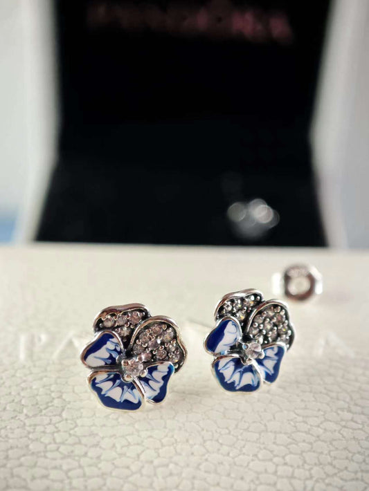 Blue Pansy Flower Stud Earrings