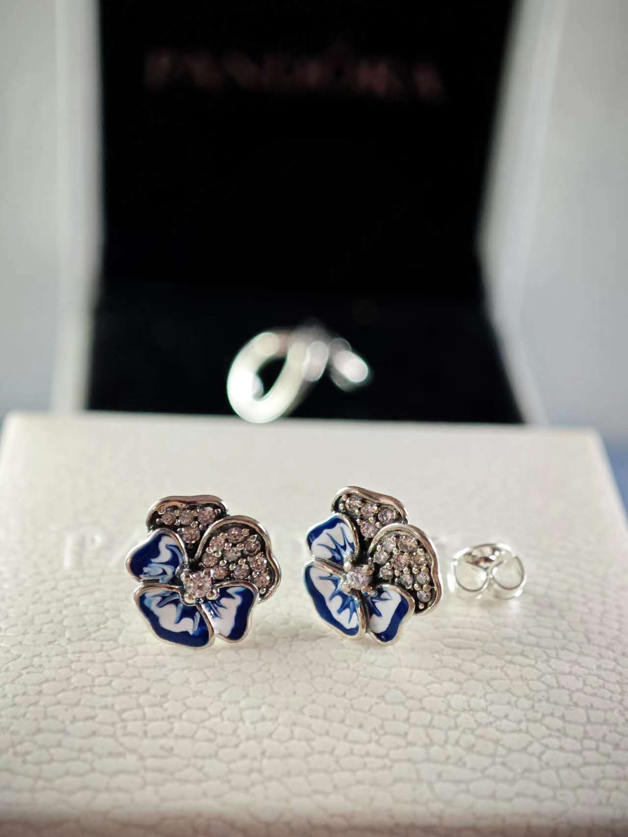 Blue Pansy Flower Stud Earrings