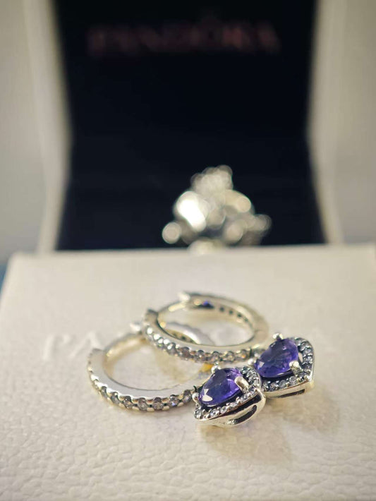 Sparkling Halo Purple Heart Hoop Earrings