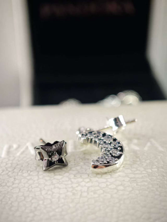 Sparkling Crescent Moon and Star Stud Earrings