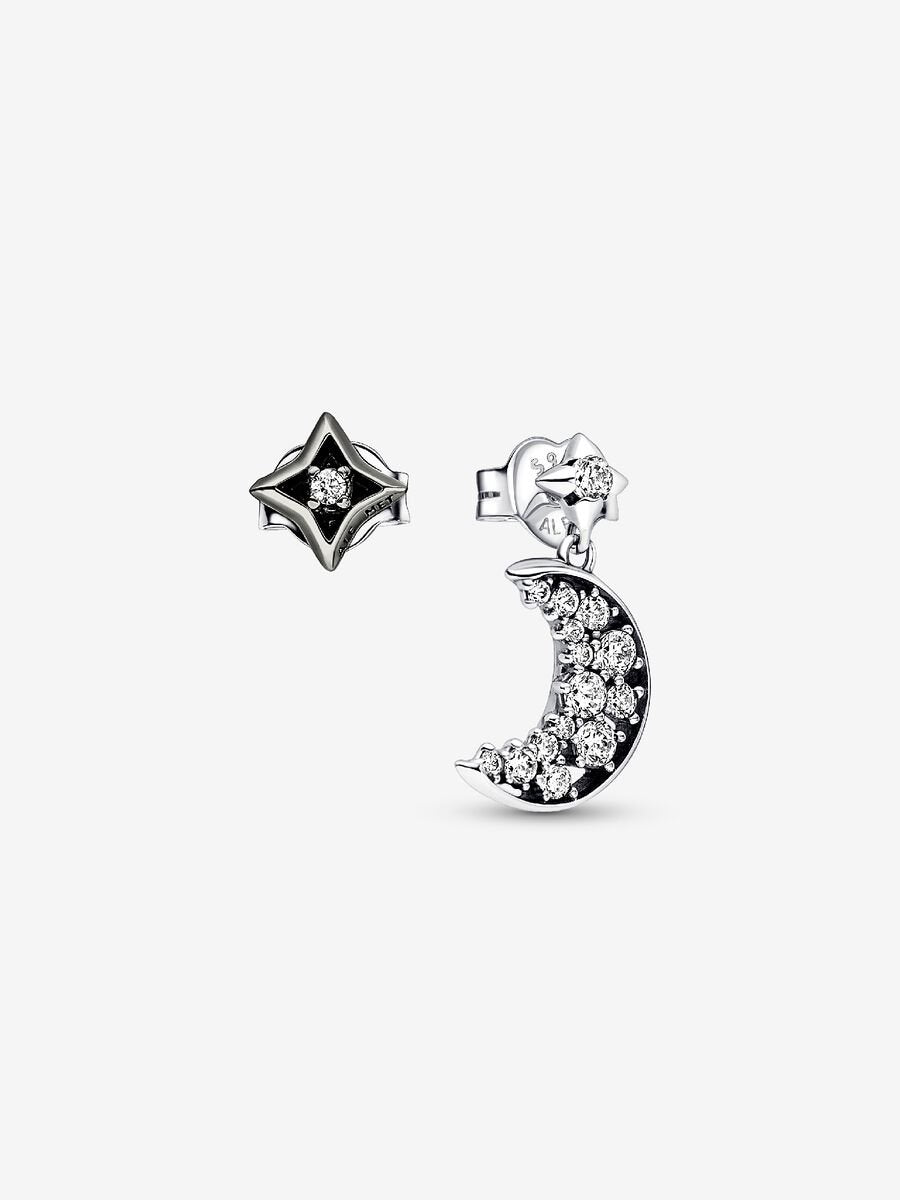 Sparkling Crescent Moon and Star Stud Earrings