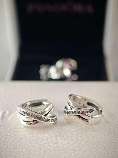 Silver Crossover Pave Hoop Earrings