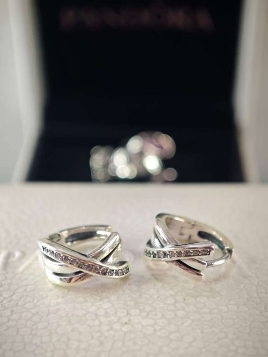 Silver Crossover Pave Hoop Earrings