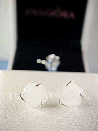 White Rose in Bloom Stud Earrings