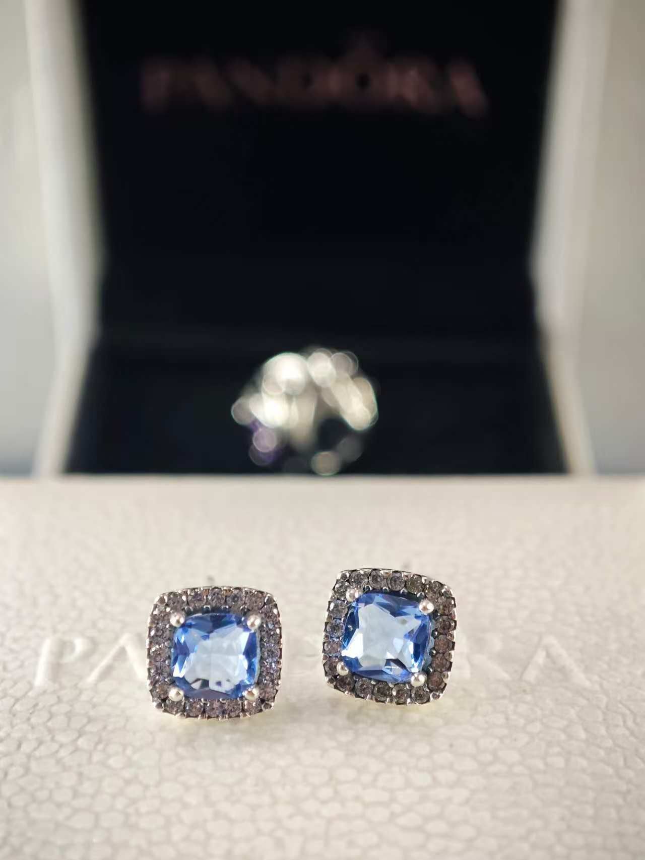 Sparkling Square Blue Halo Stud Earrings