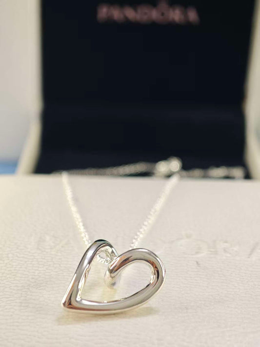 Silver Organically Shaped Heart Pendant Necklace 70CM