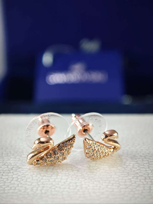 Swan Mini Pierced Earrings, White, Rose Gold Plating