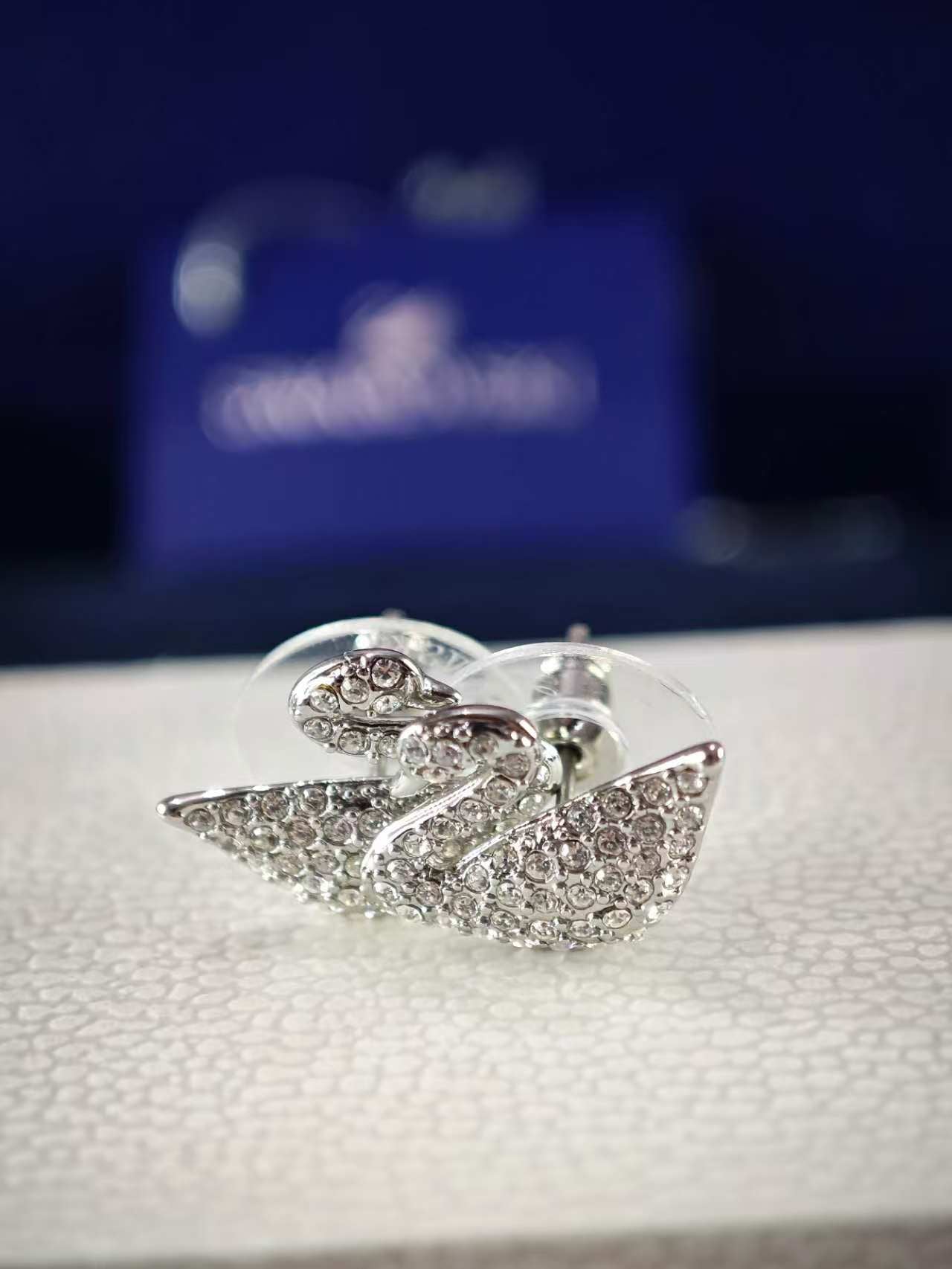 Swan Pave Stud Earrings, White, Rhodium Plated Crystal