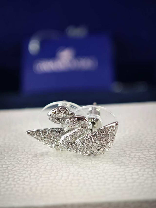 Swan Pave Stud Earrings, White, Rhodium Plated Crystal