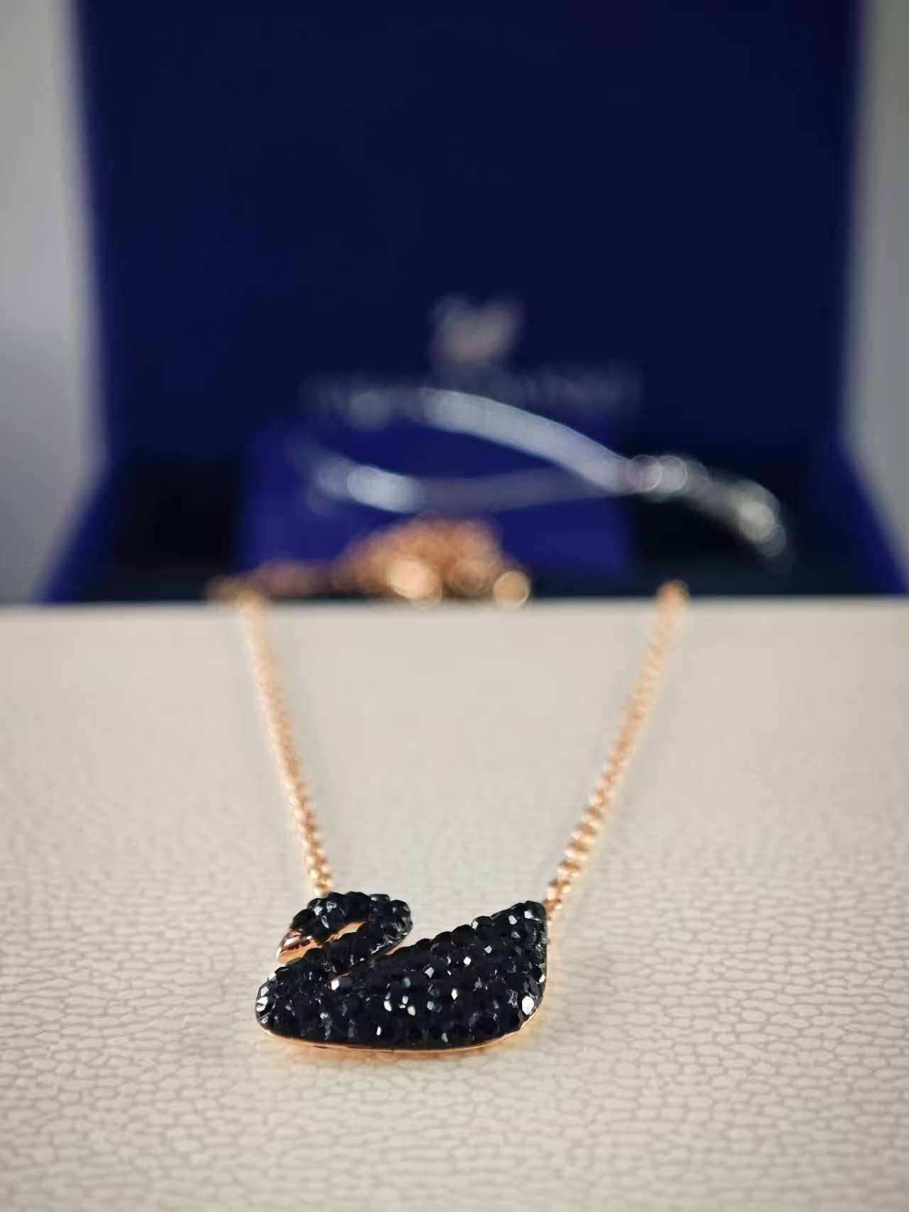Swan Pendant Necklace, Swan, Black, Rose gold-tone plated