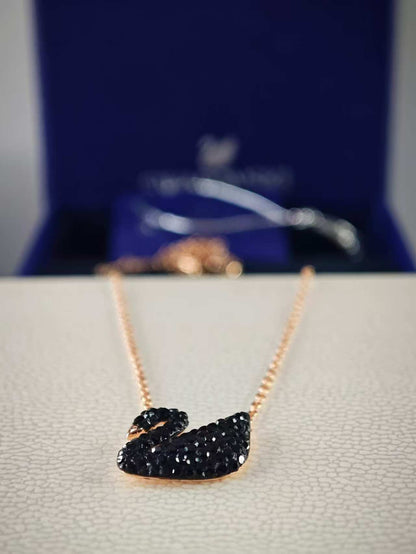 Swan Pendant Necklace, Swan, Black, Rose gold-tone plated