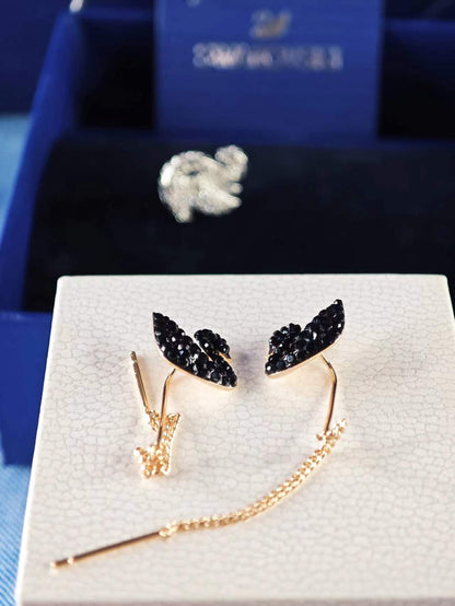 Swan Teardrop Earrings, Black, Rose Gold Tone Plated