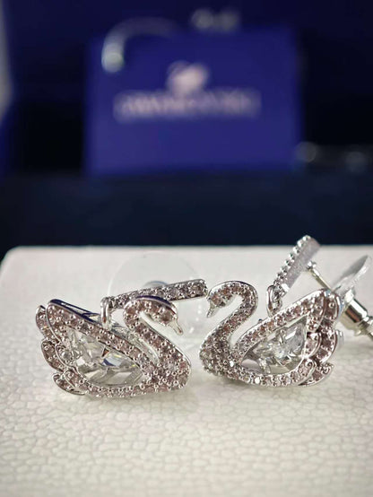Dancing Swan Pierced Earrings, White, Rhodium plated