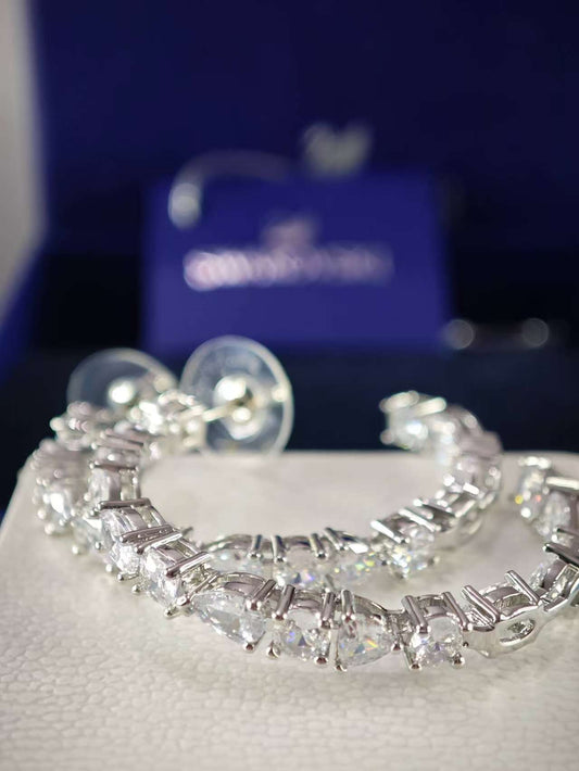 Tennis Deluxe Mixed Hoop Pierced Earrings White, Rhodium plated
