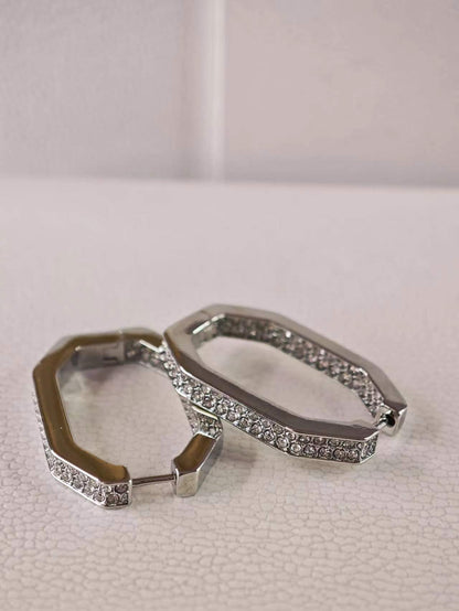 Dextera hoop earrings Octagon shape, Medium, White, Rhodium plated