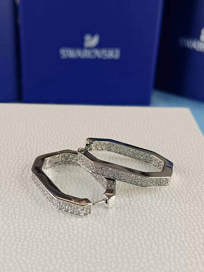 Dextera hoop earrings Octagon shape, Medium, White, Rhodium plated