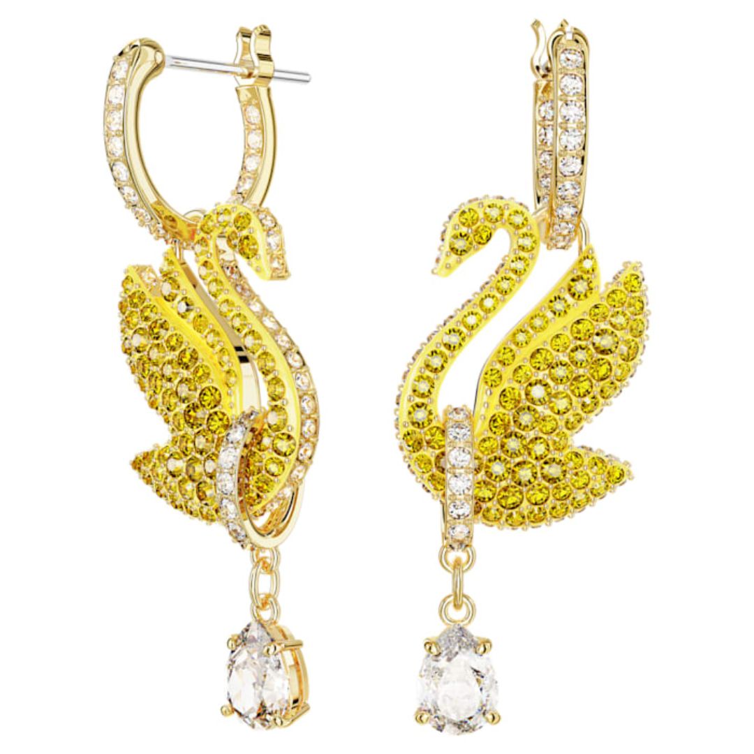 Iconic Swan drop earrings, Swan, Yellow, Gold-tone plated