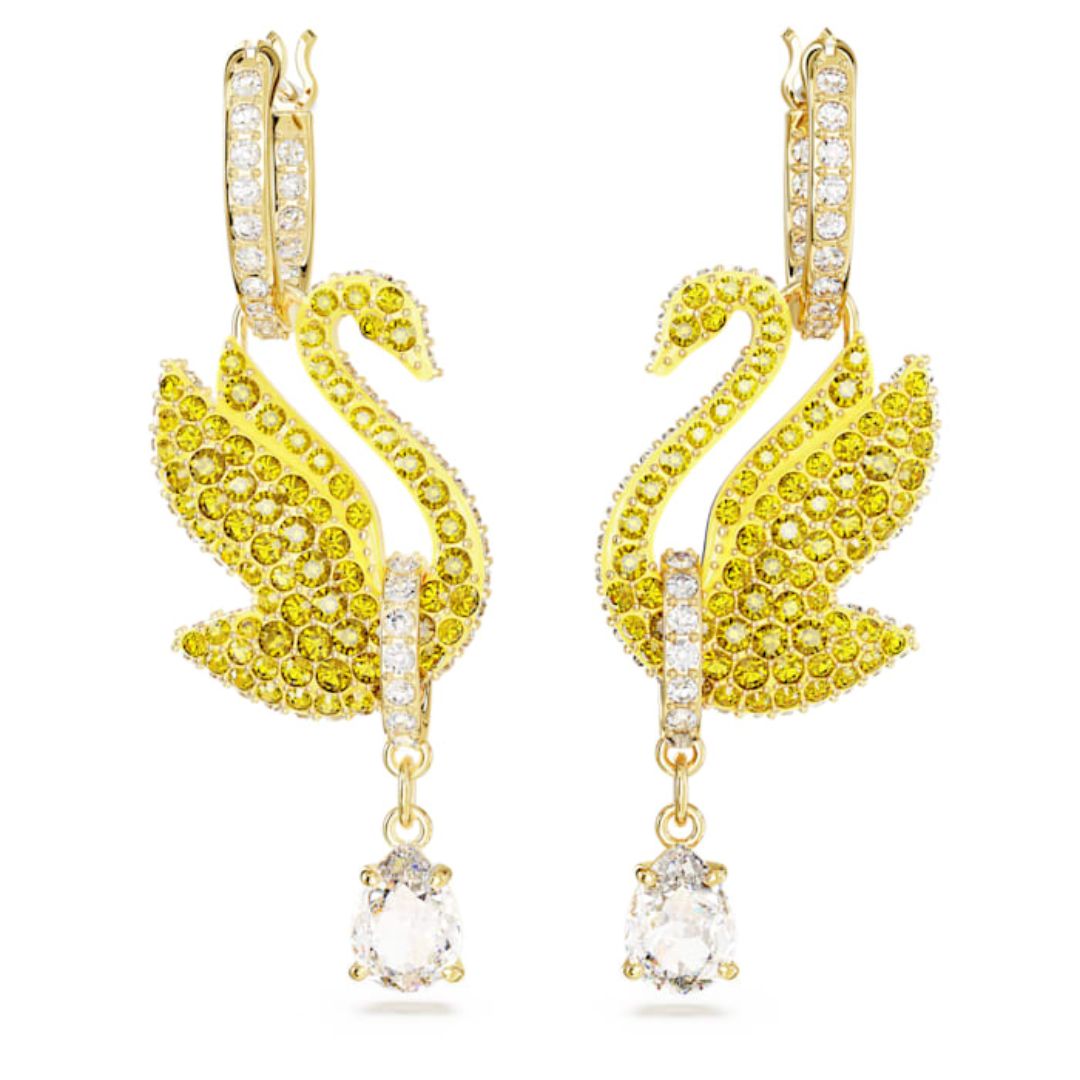 Iconic Swan drop earrings, Swan, Yellow, Gold-tone plated