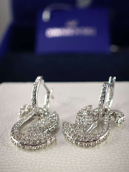 Swan drop earrings, Swan, White, Rhodium plated