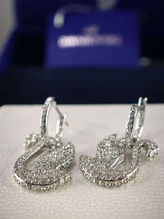 Swan drop earrings, Swan, White, Rhodium plated