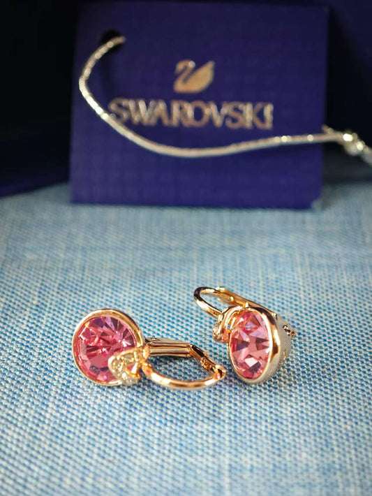 Bella V drop earrings, Round cut, Pink, Rose gold-tone plated