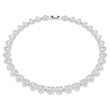 Tennis necklace, Mixed cuts, Heart, White, Rhodium plated