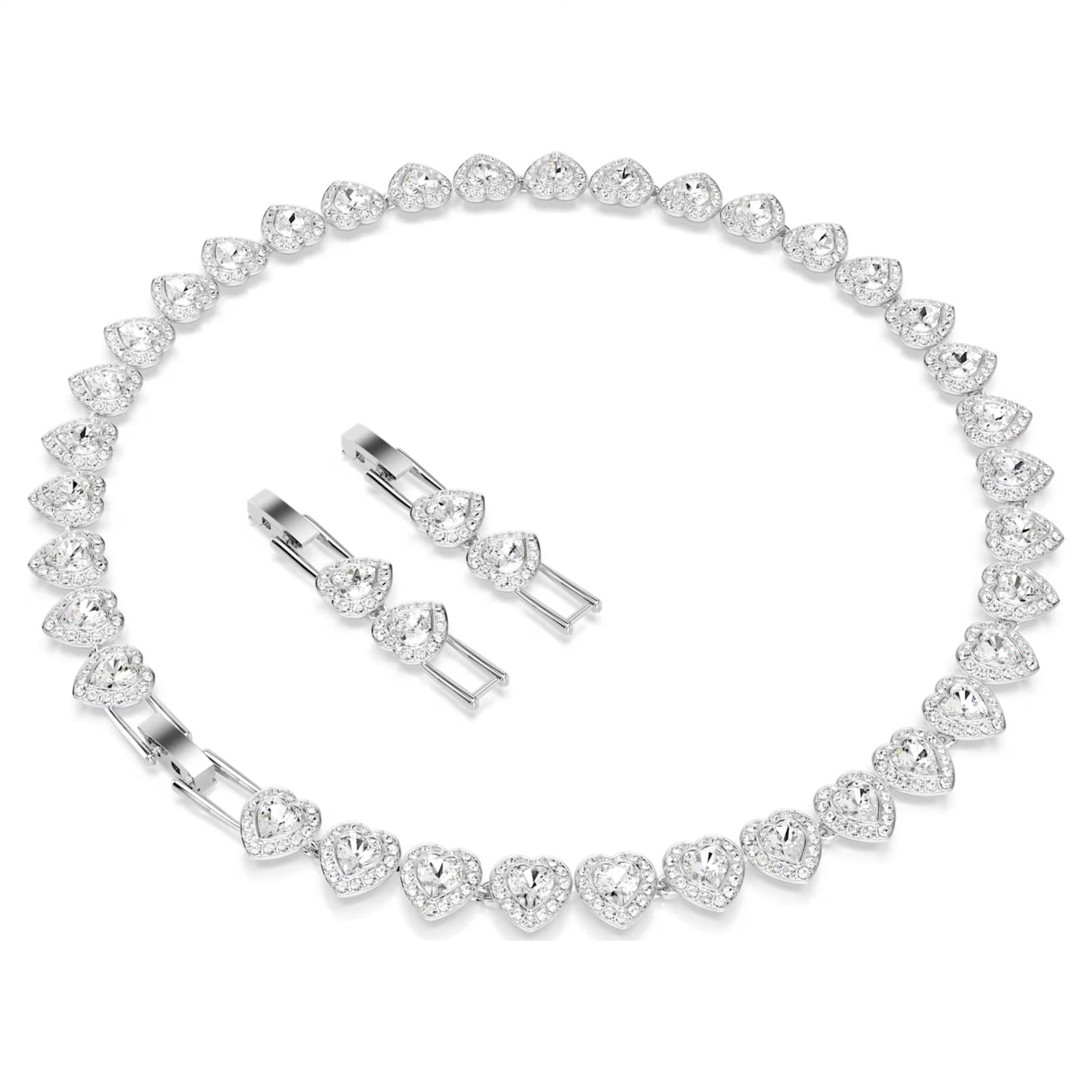 Tennis necklace, Mixed cuts, Heart, White, Rhodium plated