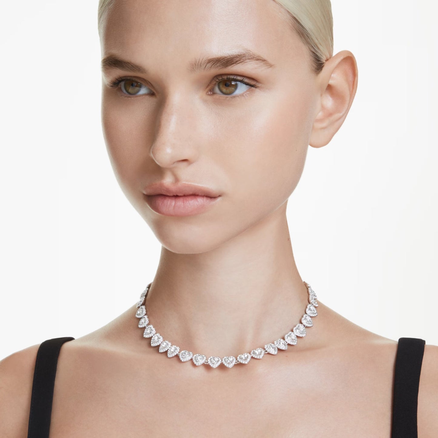 Tennis necklace, Mixed cuts, Heart, White, Rhodium plated