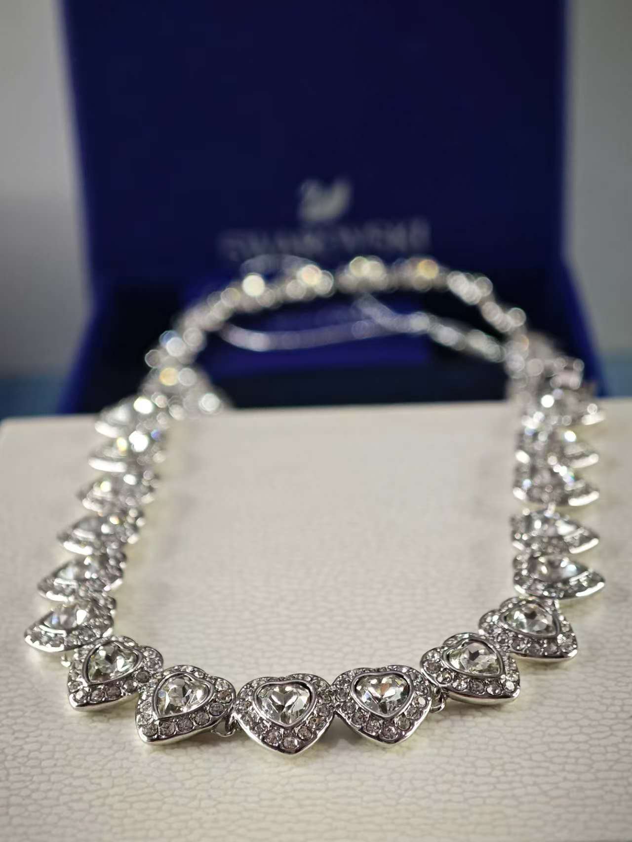 Tennis necklace, Mixed cuts, Heart, White, Rhodium plated