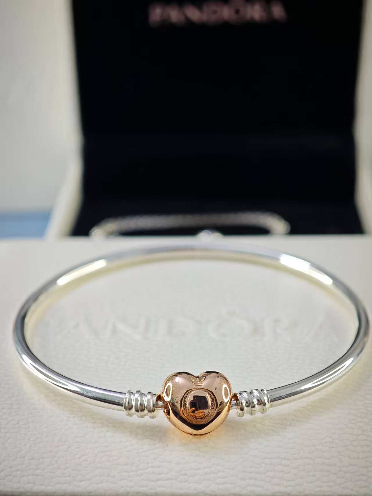 Sterling Silver and Rose Gold-Platet Bangle with Heart Clasp