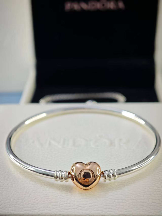 Sterling Silver and Rose Gold-Platet Bangle with Heart Clasp